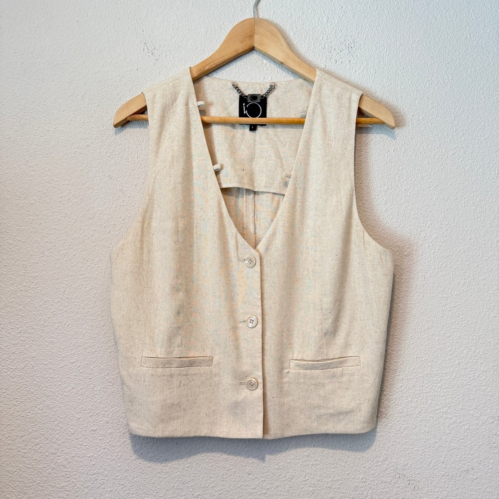 IO Women Oatmeal Beige Linen Blend Tailored Button Up Vest Back Cinch Size L
